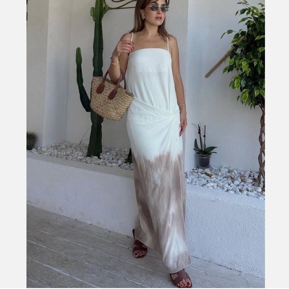 Zara Draped Ombre Midi Dress Ecru Brown Tan Size Small - Picture 2 of 11